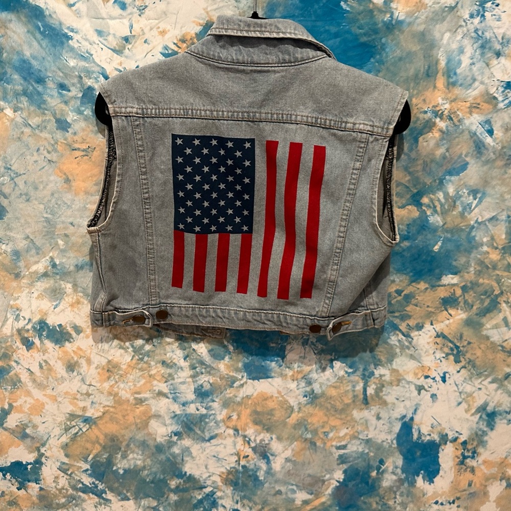 Vintage 90s style american flag crop denim vest